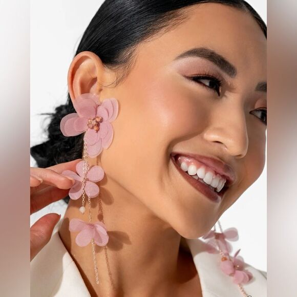 Pink flower drop earrings M198 - Picture 1 of 5